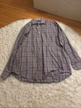 Thomas Dean Men's Plaid Button-Down Shirt in Lavender and Gray